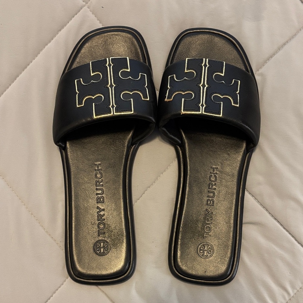 Tory Burch Black and Gold Slide Sandals